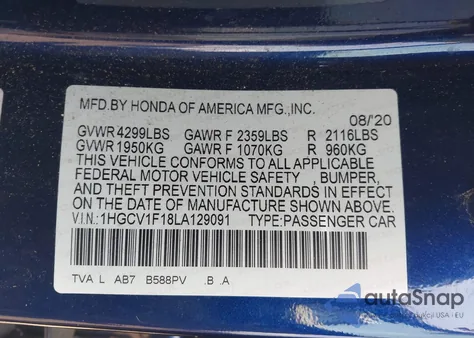 2020 Honda Accord Lx из США, поврежденный, VIN 1HGCV1F18LA129091